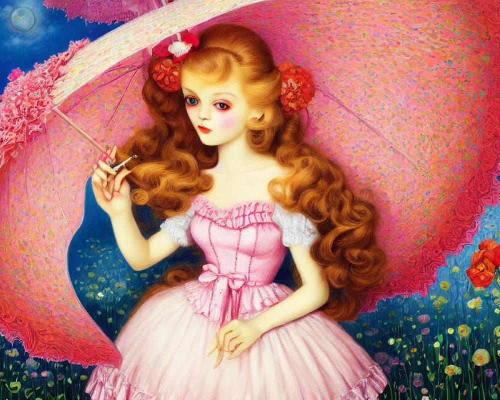 Whimsical doll figure with pink umbrella in vibrant art style