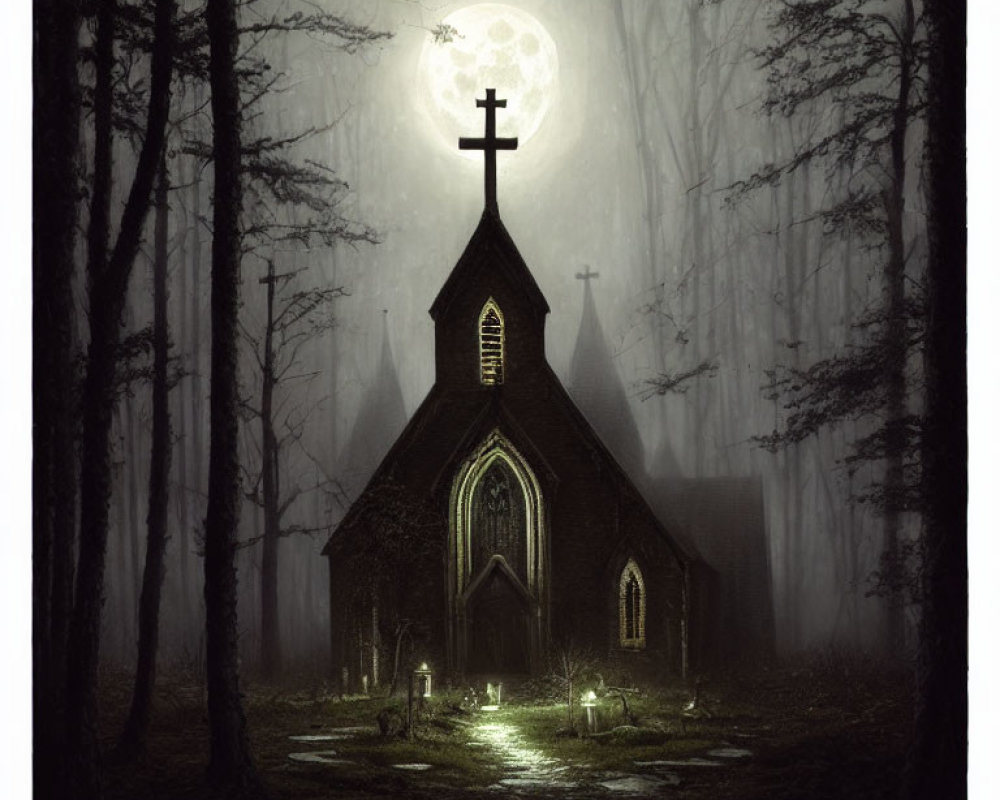 Moonlit old church in mystical forest with glowing lanterns