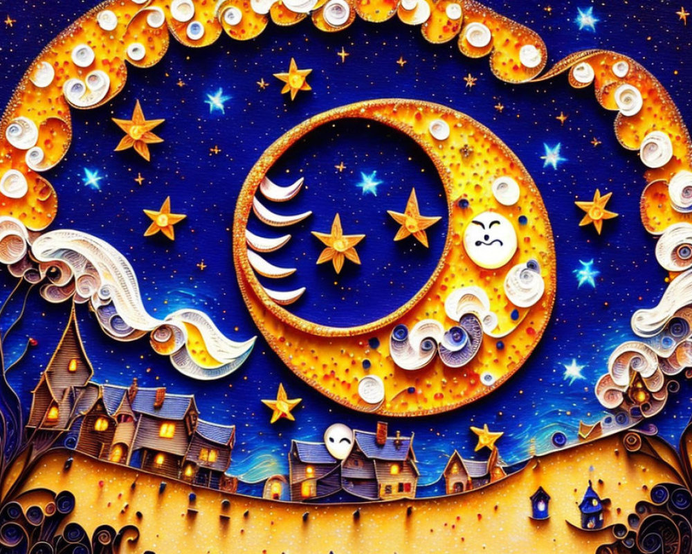 Colorful painting of crescent moon, stars, and celestial faces above stylized village at night