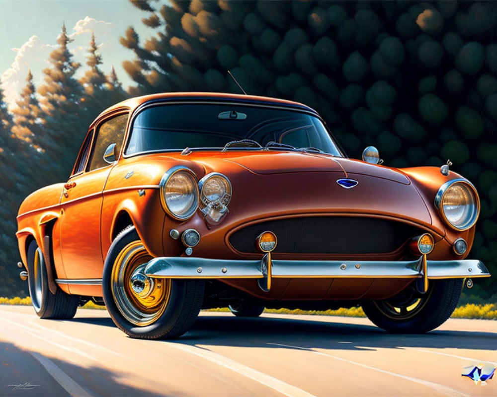 Classic Orange Sports Car with Chrome Details on Sunlit Road