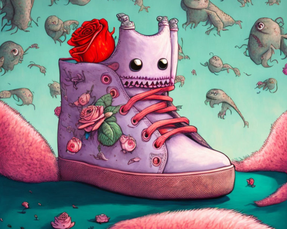 Whimsical pink high-top sneaker with face and wings among frogs and roses on teal background