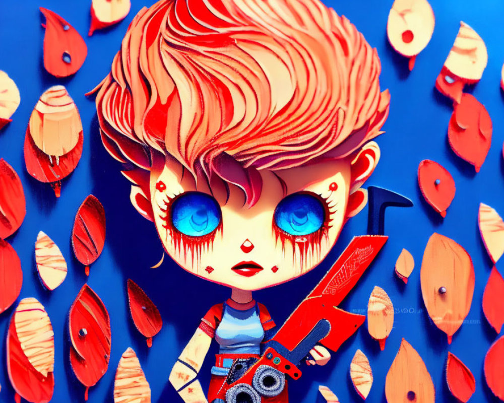 Stylized character with blue eyes and chainsaw in hand on blue backdrop