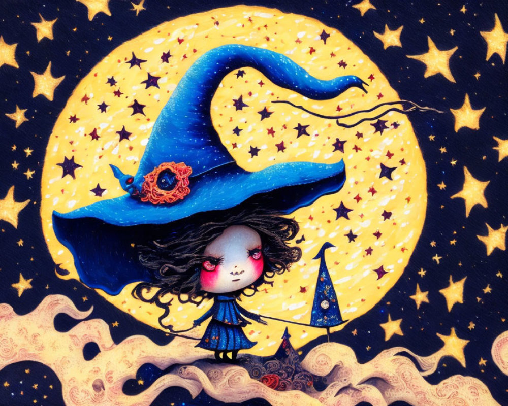 Whimsical character with large blue witch's hat and flowing black hair against moon and stars