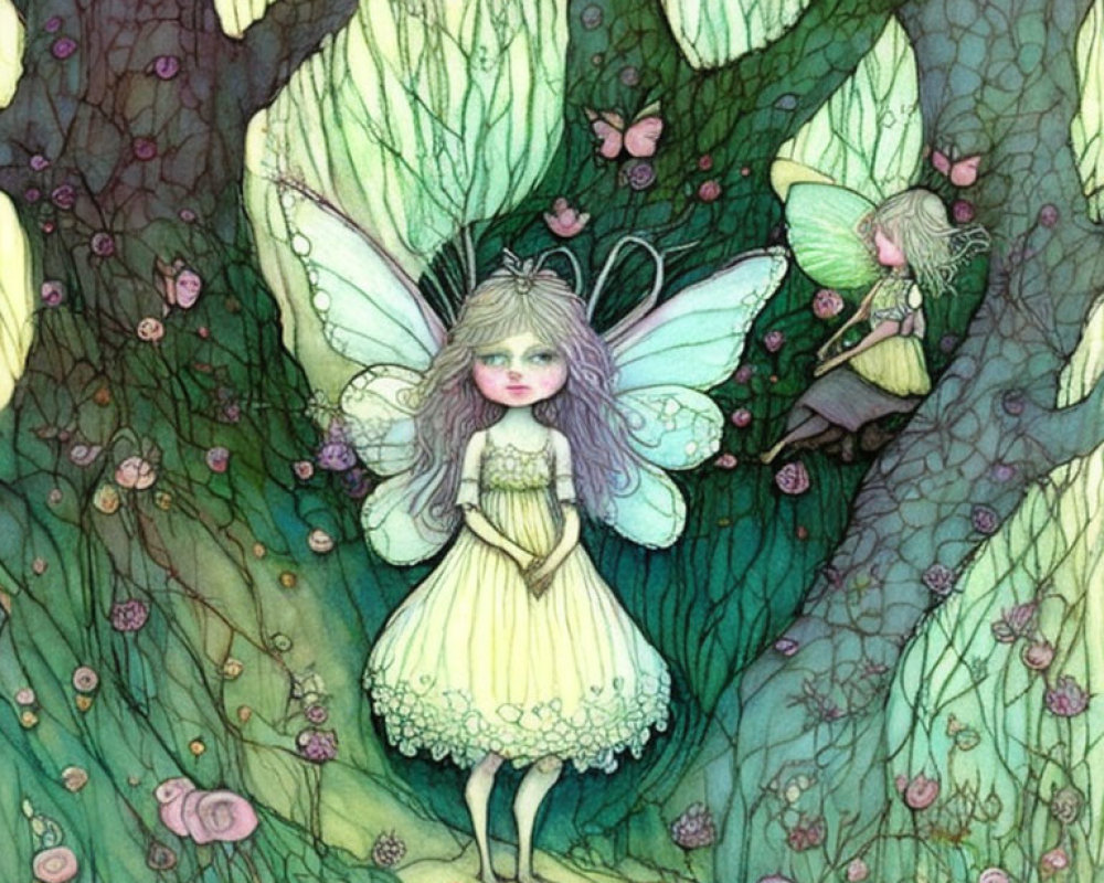 Whimsical fairy illustration in forest with delicate wings