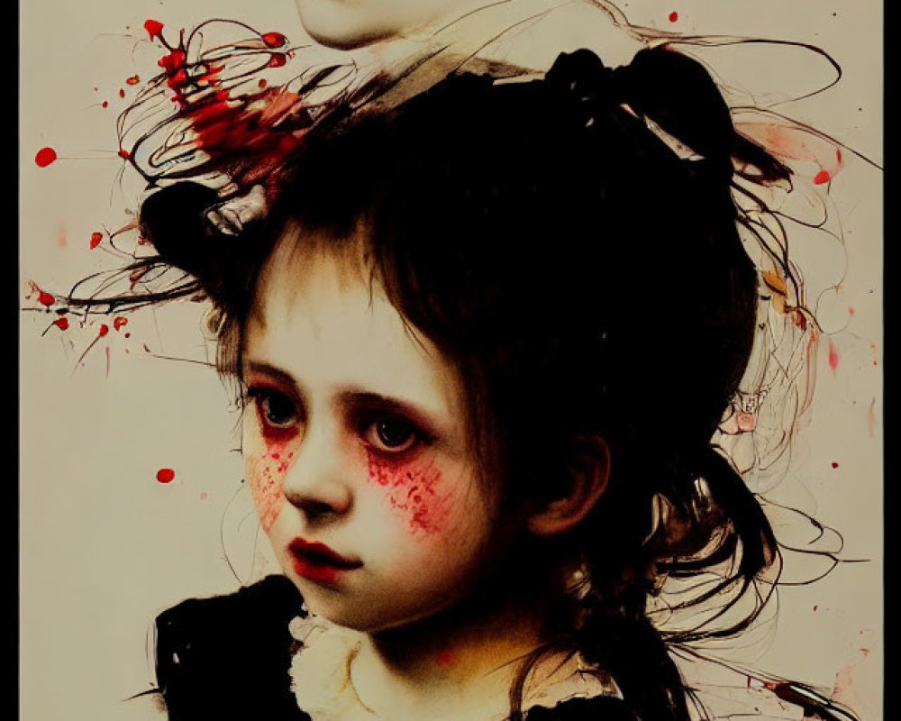 Artistic depiction of two girls with solemn expressions and striking black eyes, pale skin, and subtle red
