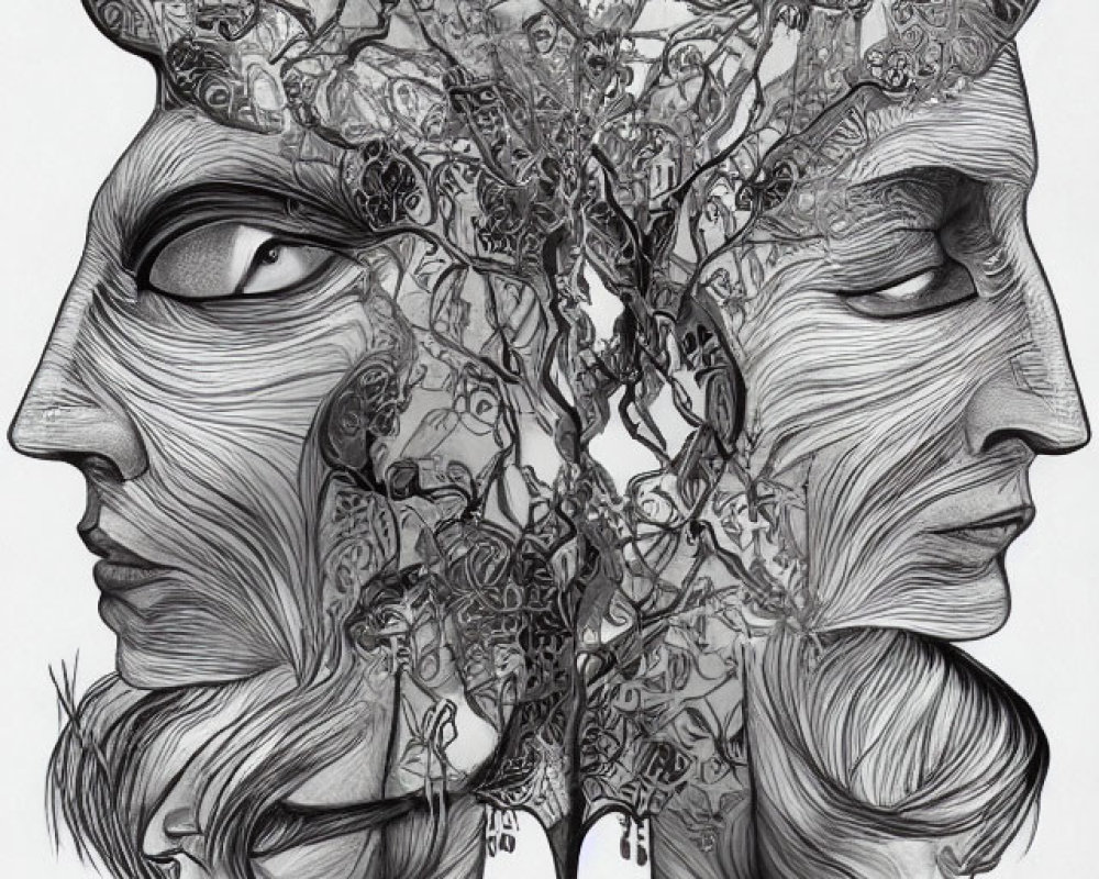 Monochrome illustration: mirrored profiles with tree of life and intricate patterns