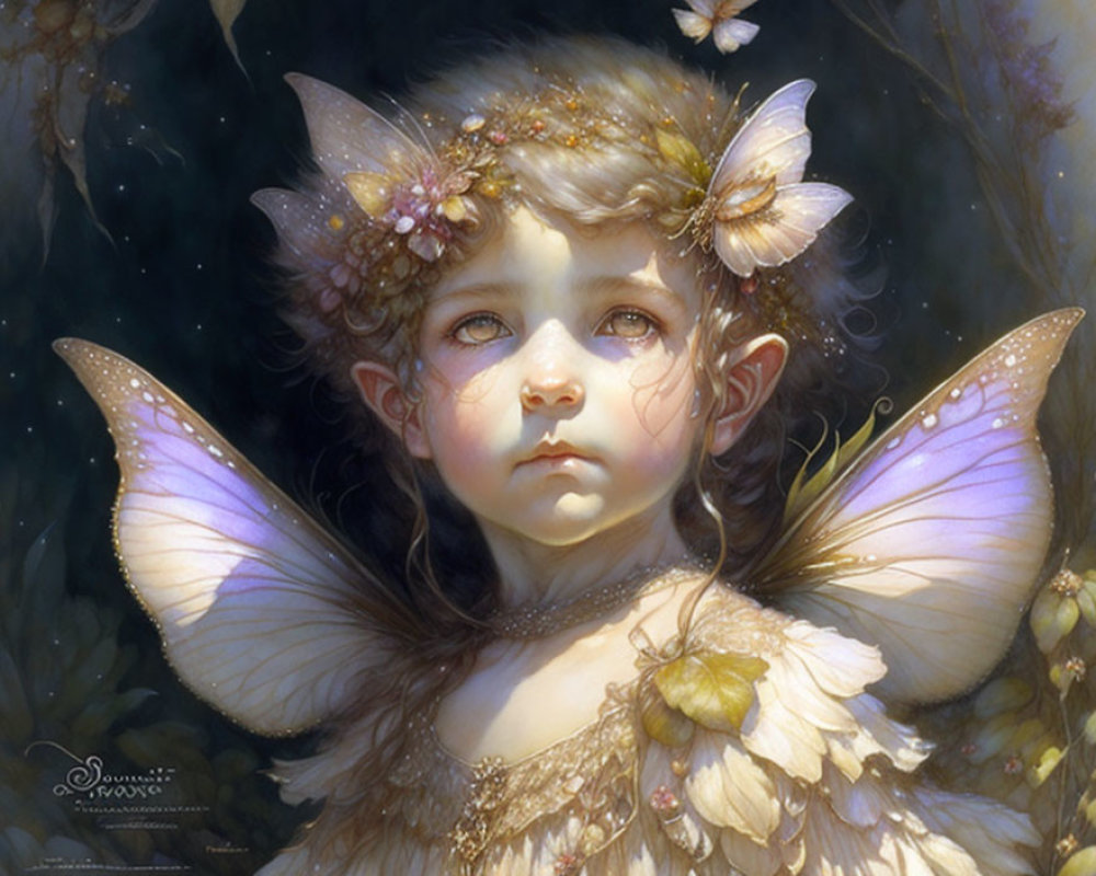 Fantasy illustration of young child with butterfly wings and natural elements