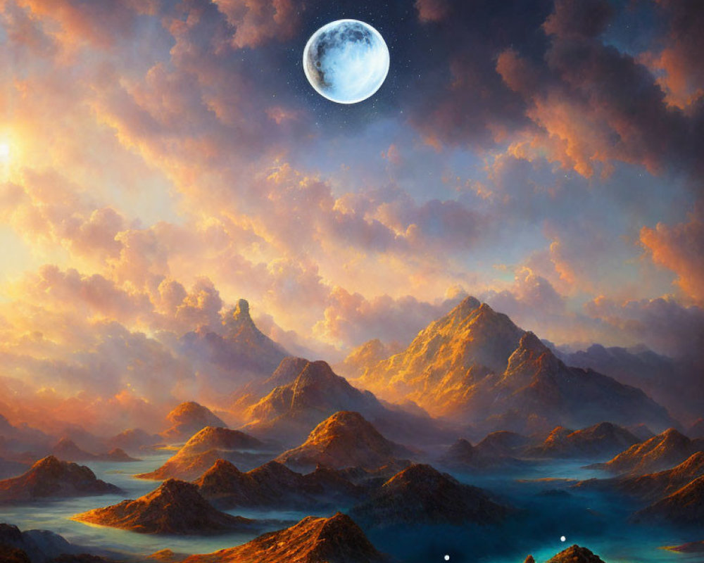 Scenic full moon over rugged mountains and lakes