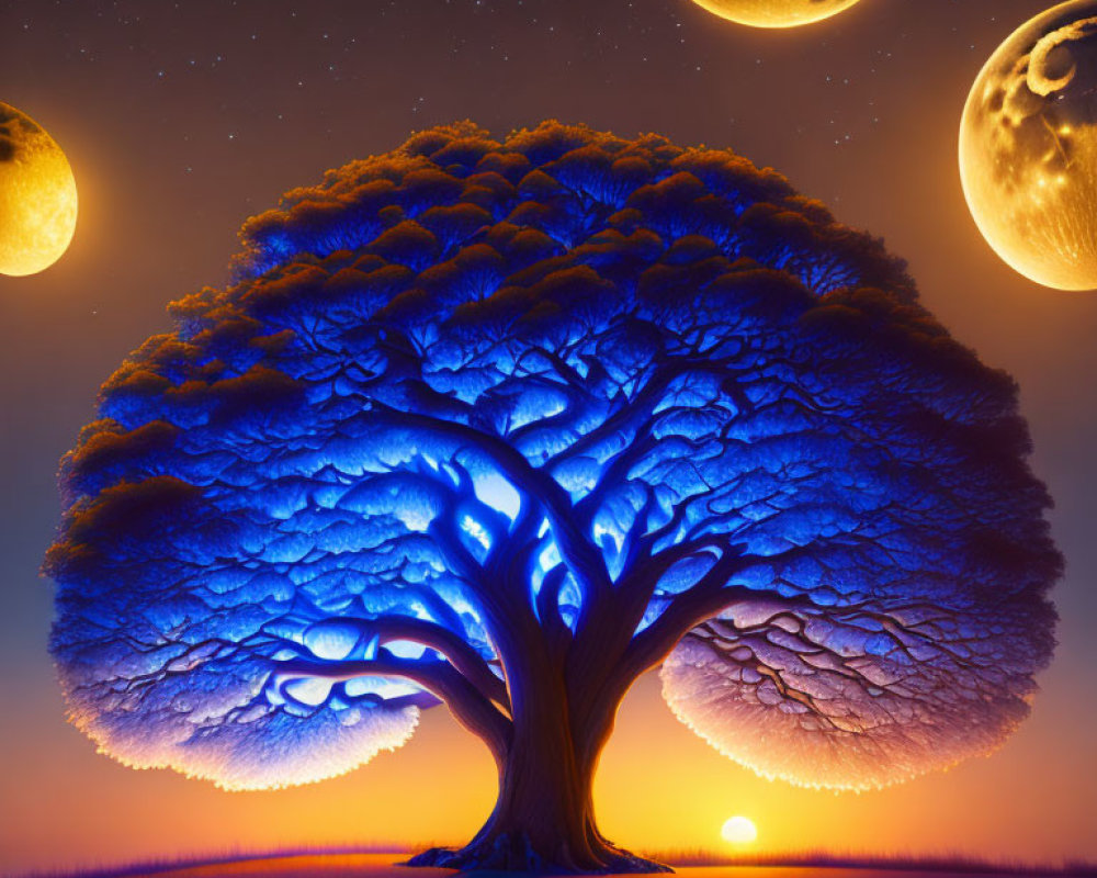 Lush tree illustration under twilight sky with multiple moons and stars