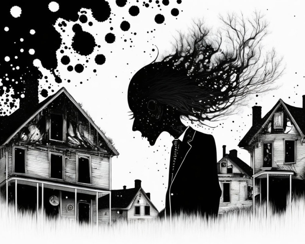 Monochrome illustration of person with tree branch-like hair in front of abandoned houses