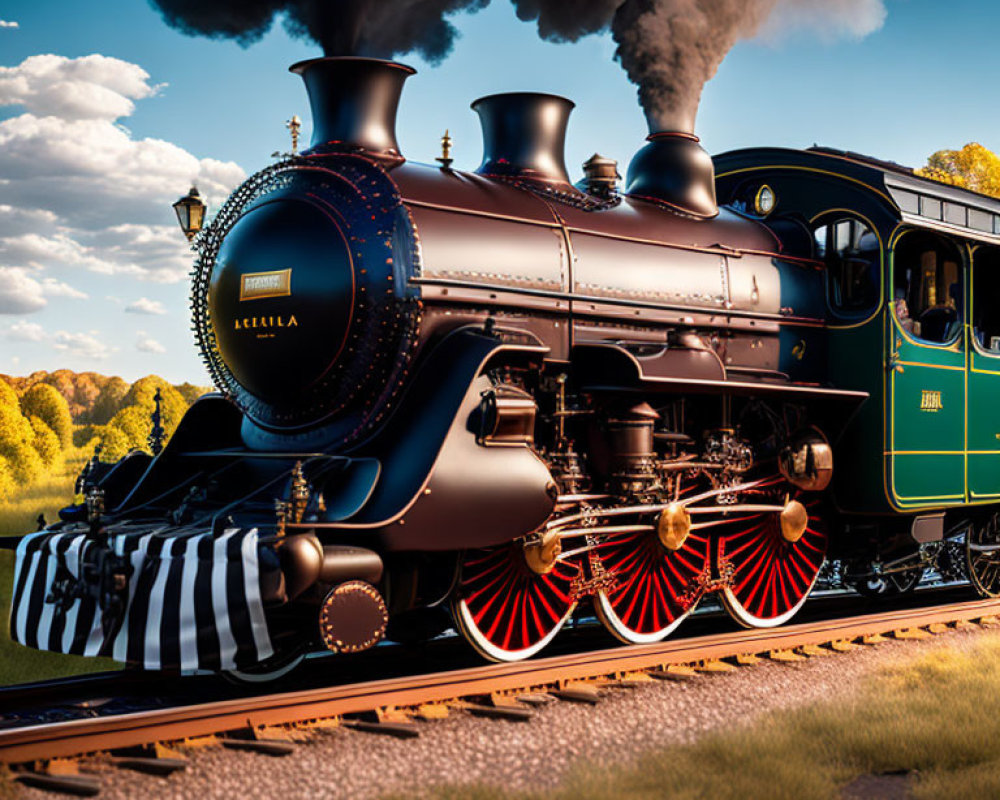 Vintage steam locomotive with polished metallic accents and red wheels steaming through rural landscape