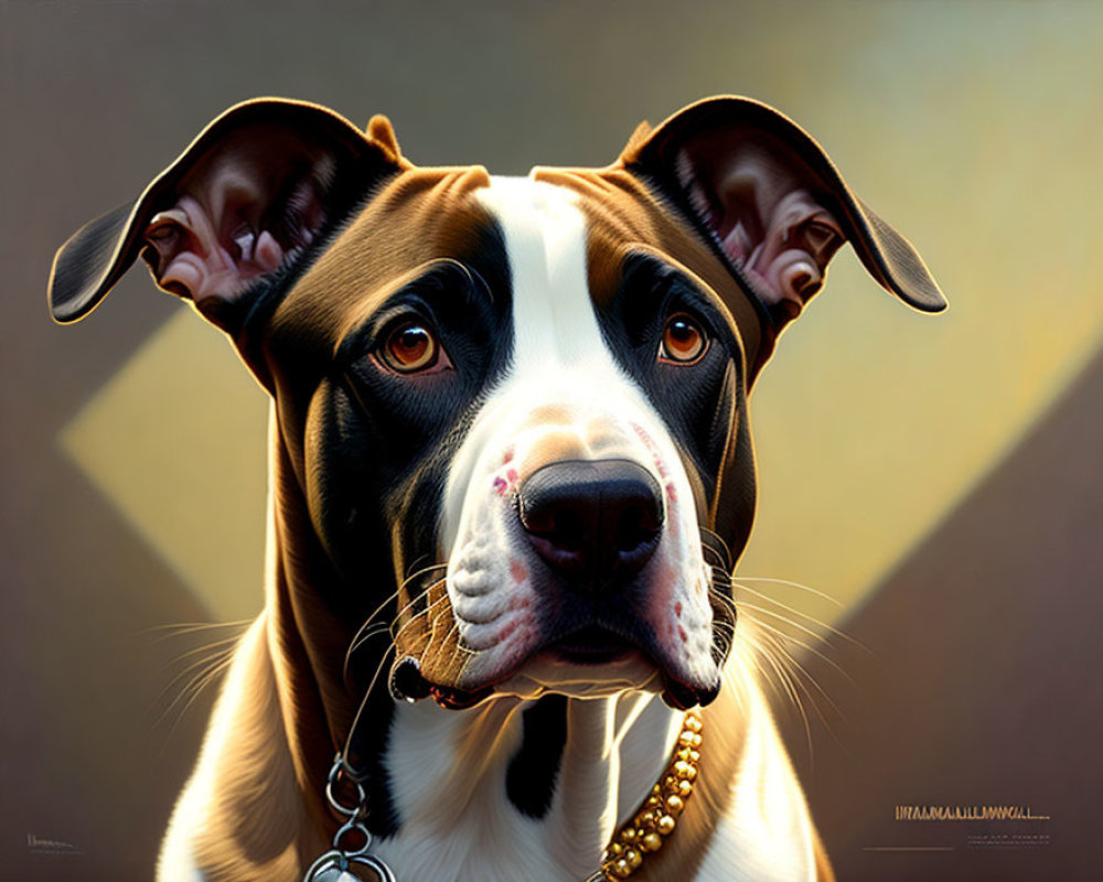 Brown and White Dog Portrait with Collar and Gold Chain on Geometric Background