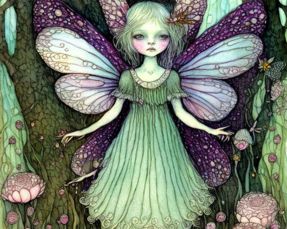 Whimsical fairy with patterned wings in forest with flowers