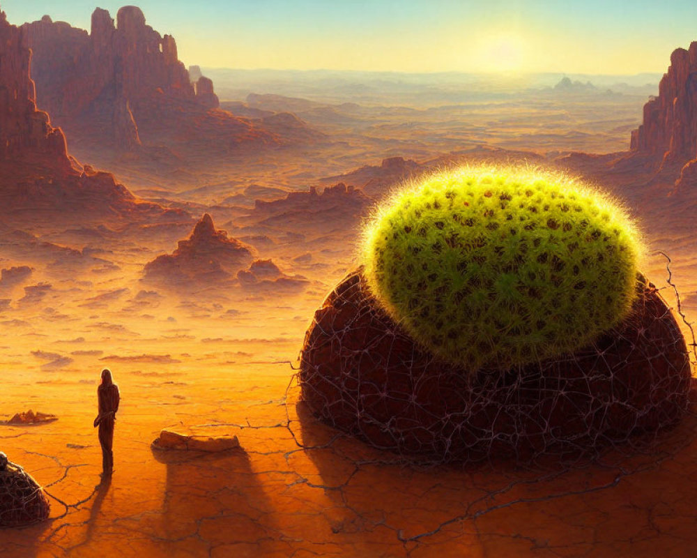 Surreal desert landscape with cacti, orbs, and human figures