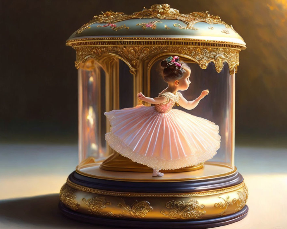 Ornate Golden Music Box with Twirling Ballerina Figurine