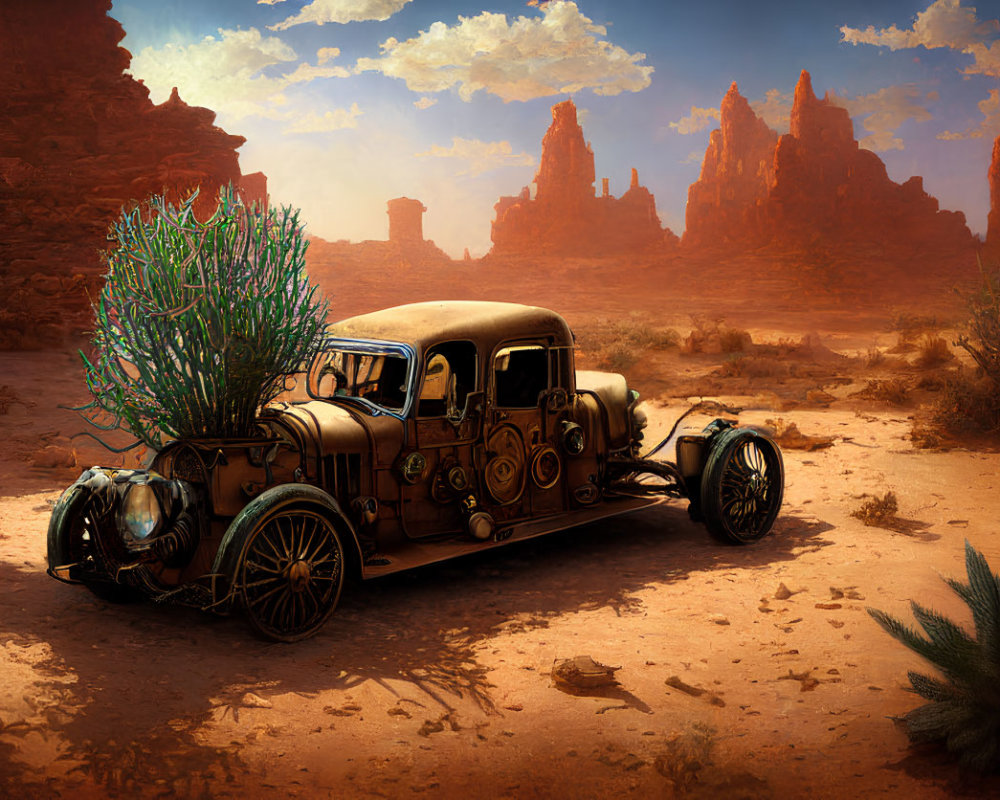 Abandoned vintage car overtaken by vegetation in desert landscape