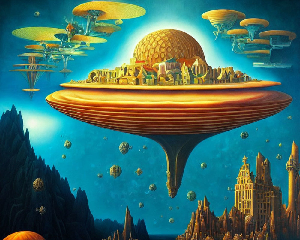 Surreal painting of floating cities on disc-like platforms