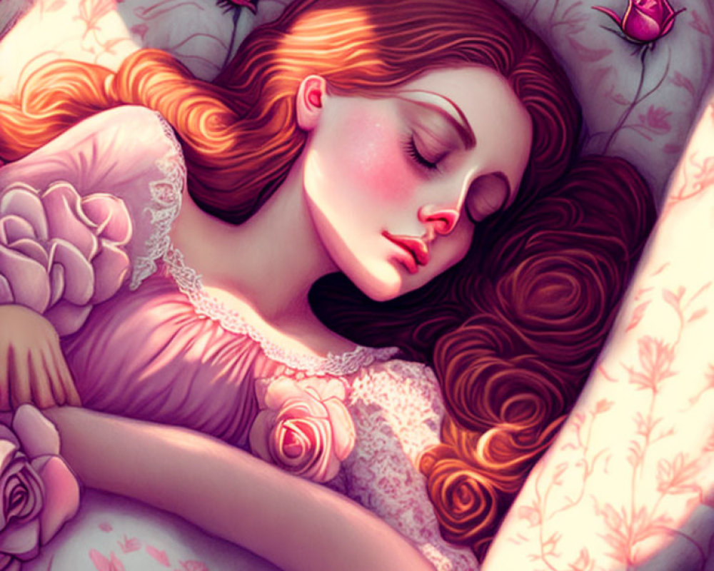 Young woman sleeping peacefully surrounded by roses in pink dress