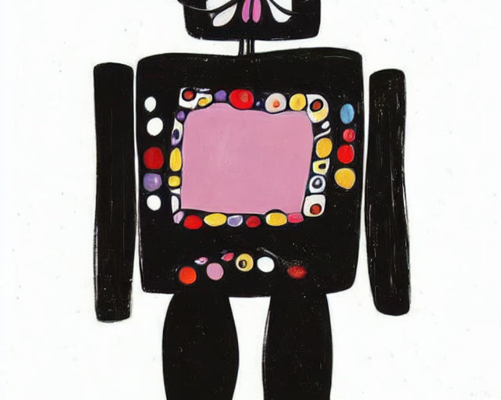 Colorful patterned black robot with red shoes and floral head on white background.