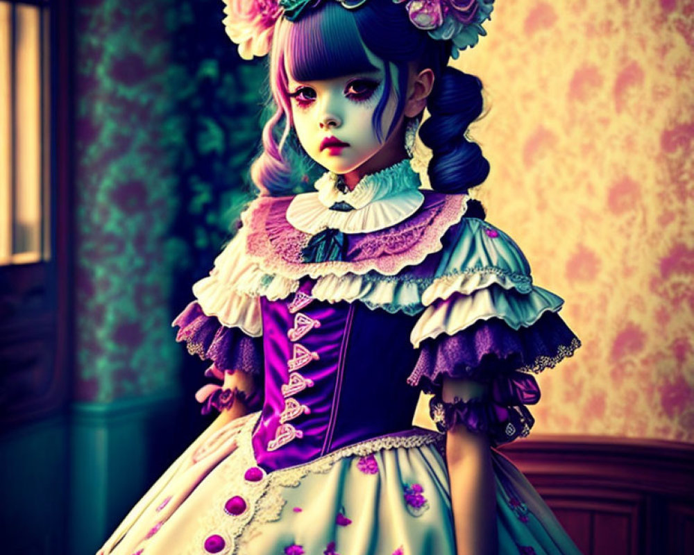 Blue-haired gothic lolita doll character in floral headpiece against vintage background