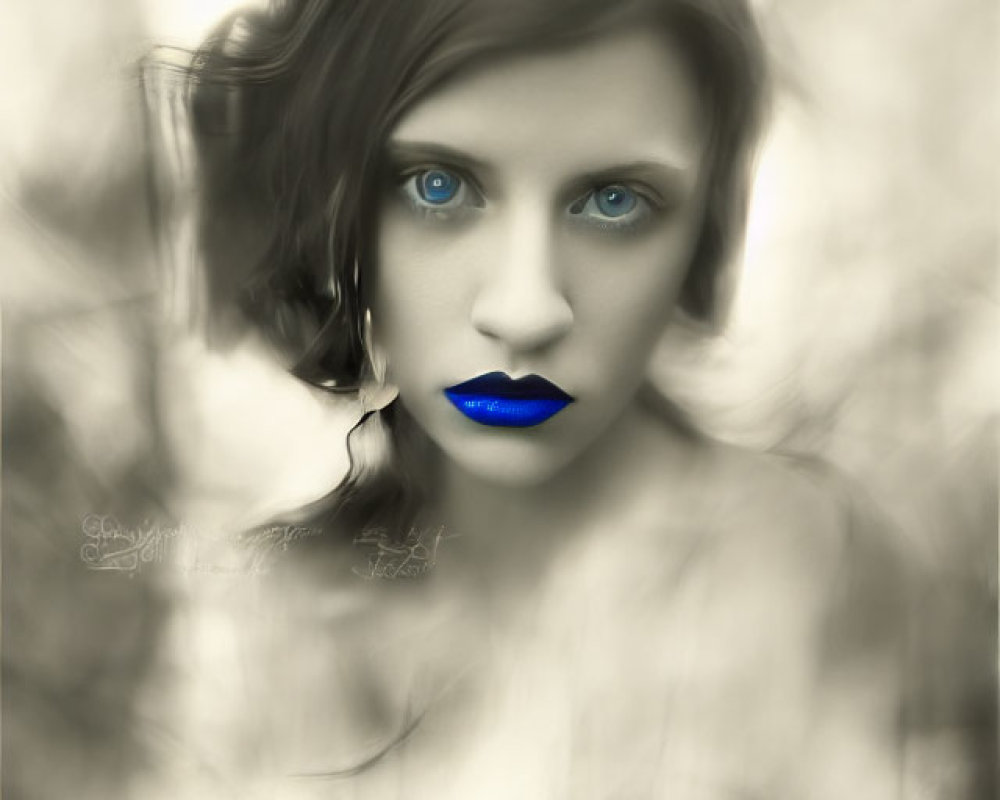 Portrait of Woman with Striking Blue Eyes and Vibrant Blue Lips