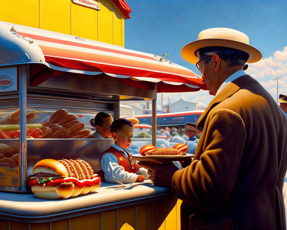 Man in Hat Buying Hot Dogs from Vintage Food Stand with Eager Boy