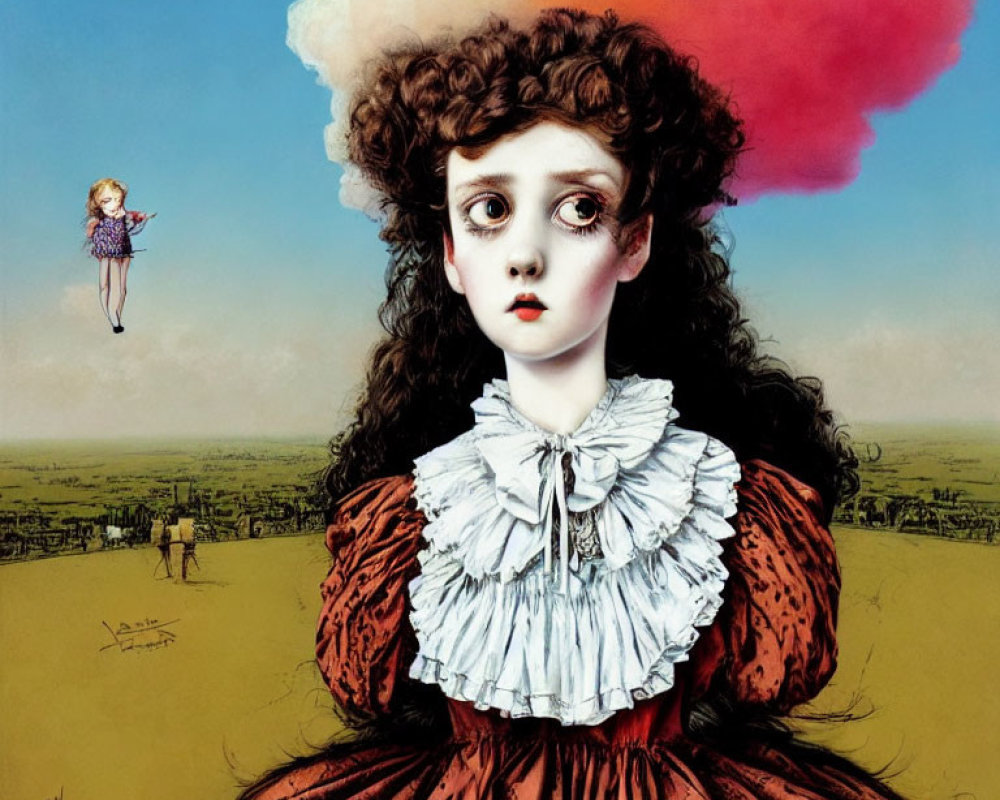 Surreal painting featuring girl with large eyes in Victorian dress