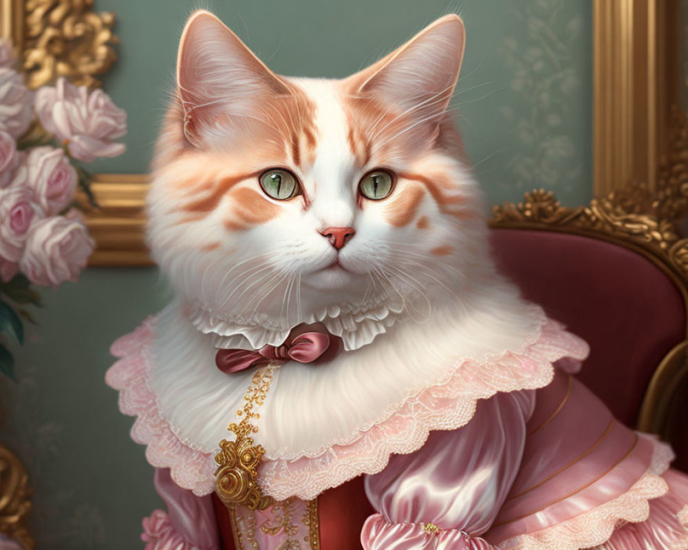 Majestic orange-white cat in pink Victorian dress with floral backdrop