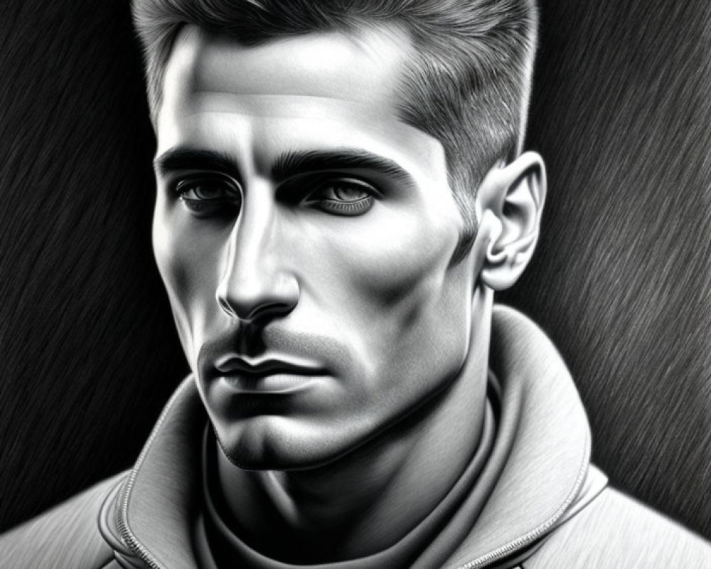 Monochrome digital drawing of a serious man with slicked-back hair