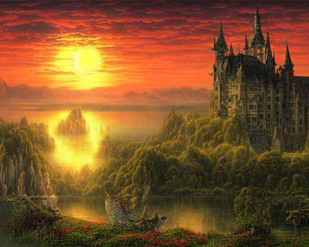 Fantasy landscape with grand castle in lush forest under red sunset sky