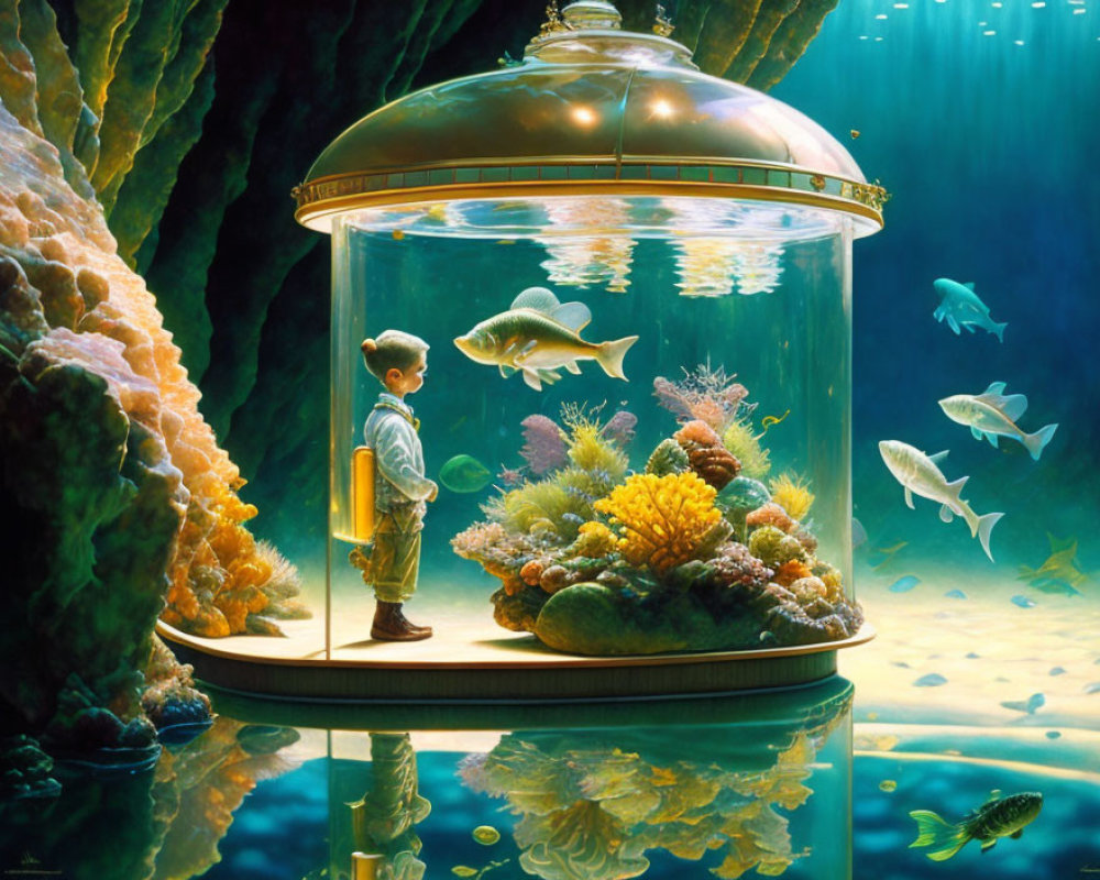 Young boy in illuminated underwater bell jar with coral and fish