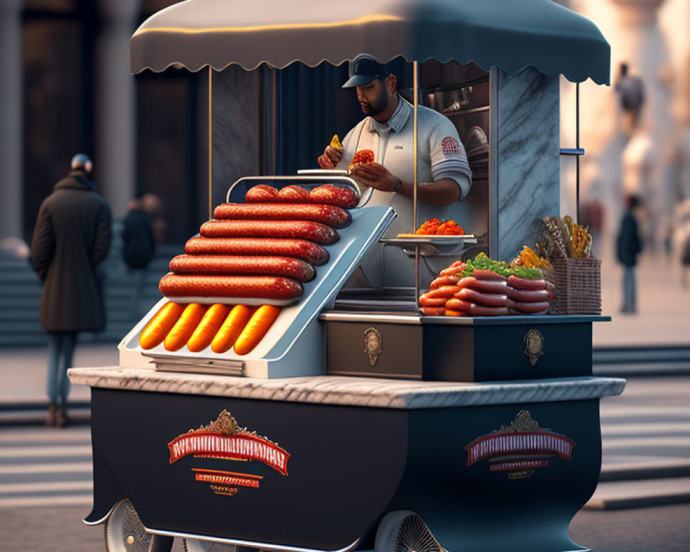 Hot Dog Vendor Cart with Sausages near Historic Building and Pedestrians