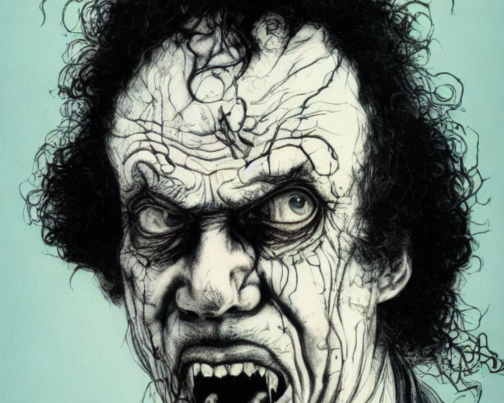 Detailed black-and-white illustration of a man with wild hair and grotesque expression