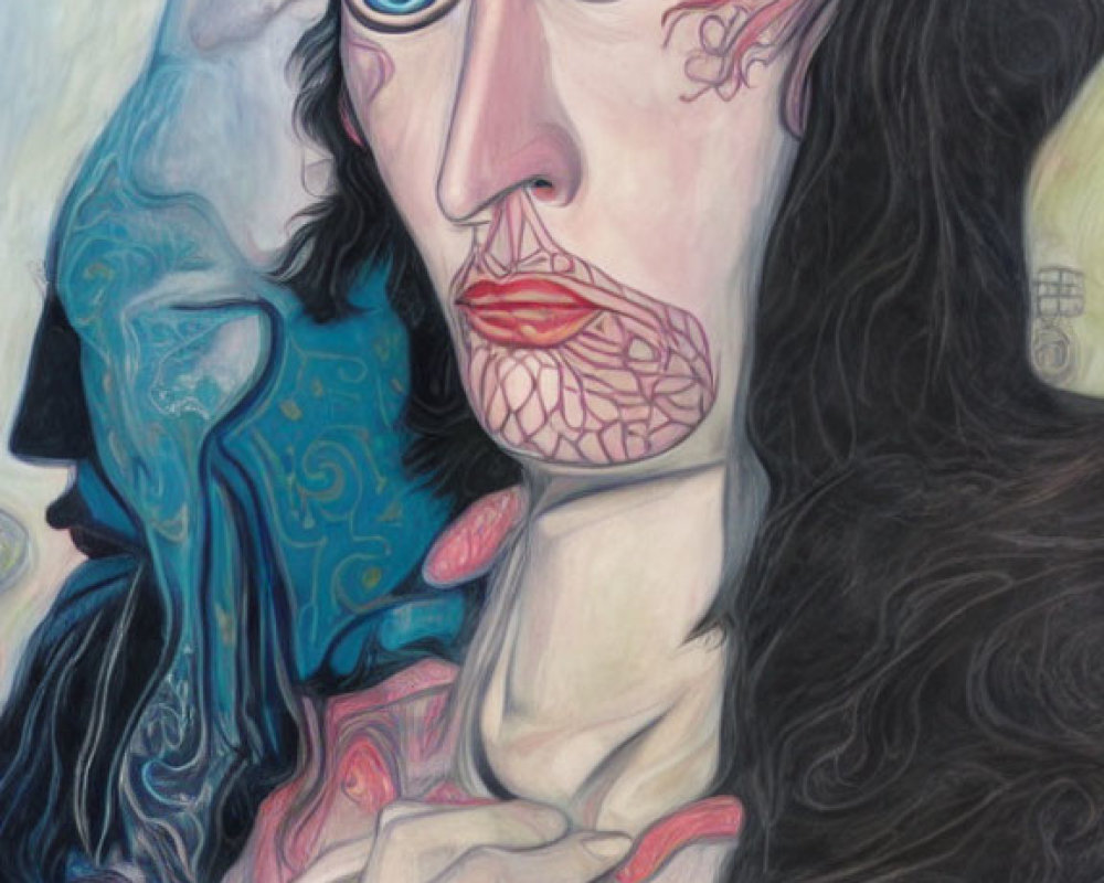 Surreal portrait with pink facial features, blue eyes, tattoos