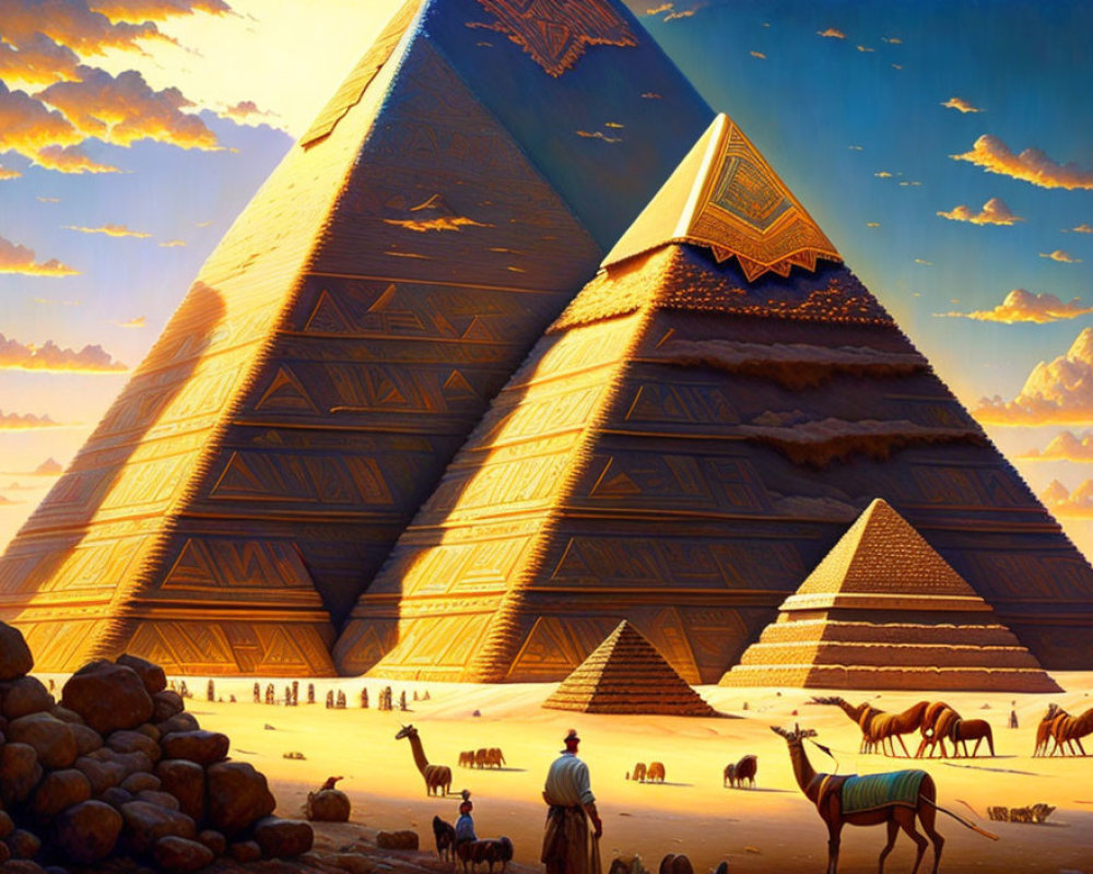 Intricate golden pyramids under a blue sky with people and camels.