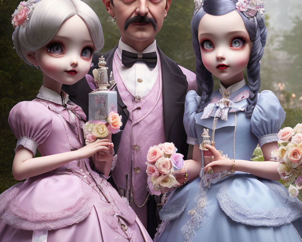 Man with Two Doll-Like Girls in Vintage Attire Portrait