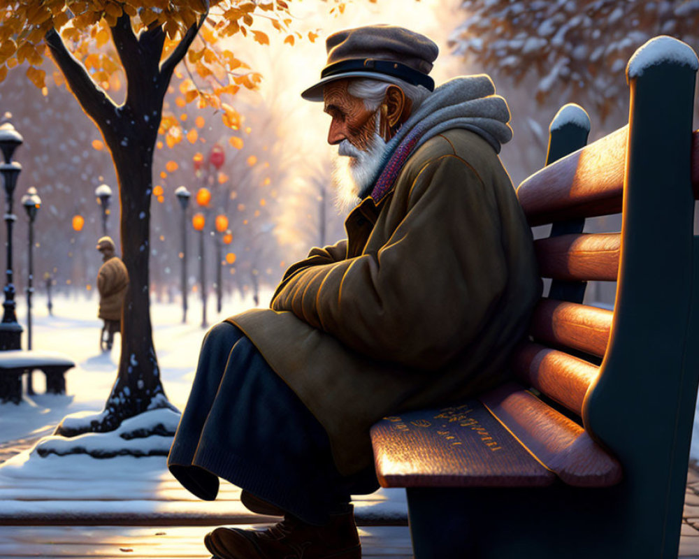 Elderly man with white beard on park bench in snow-covered scene