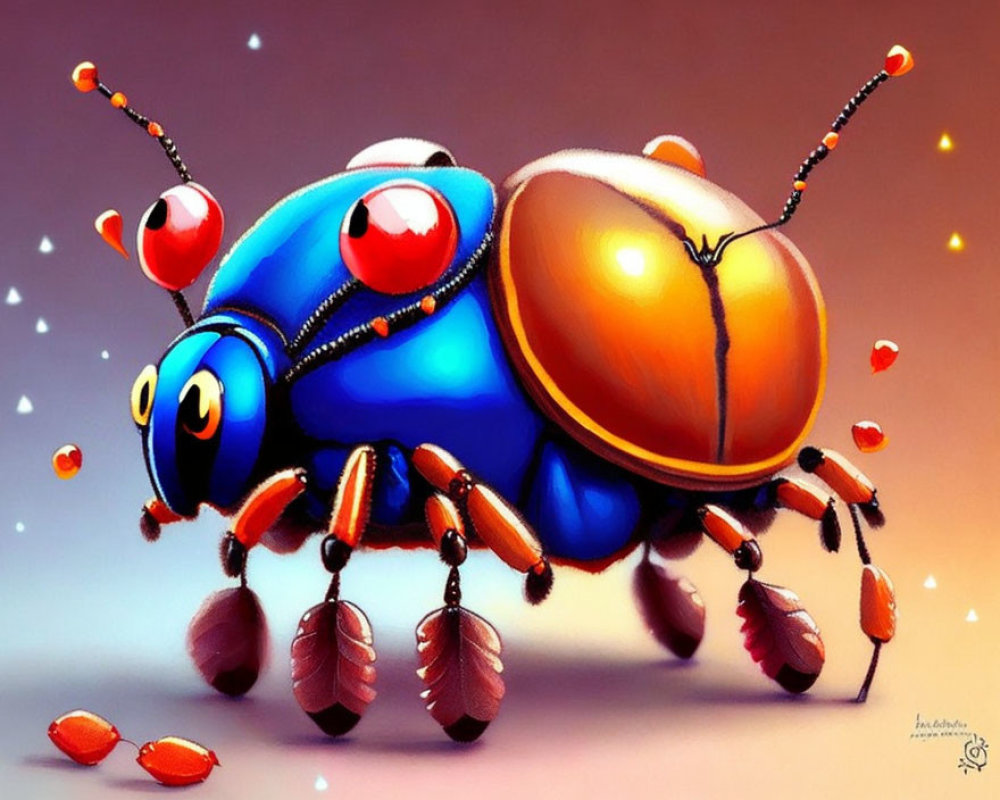 Colorful Digital Illustration of Whimsical Robotic Insect with Blue Carapace