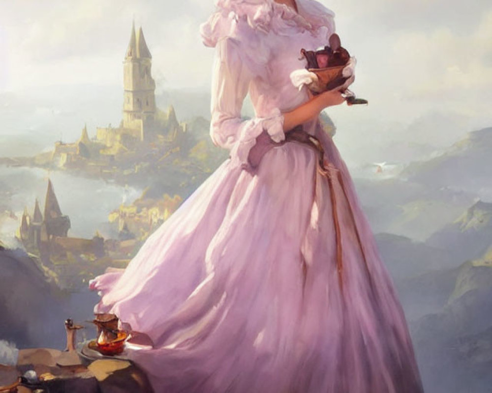 Woman in lilac gown holding bird on cliff with castle and mountains.