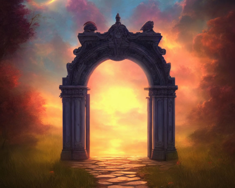 Stone archway on grassy path leads to vibrant sunset landscape