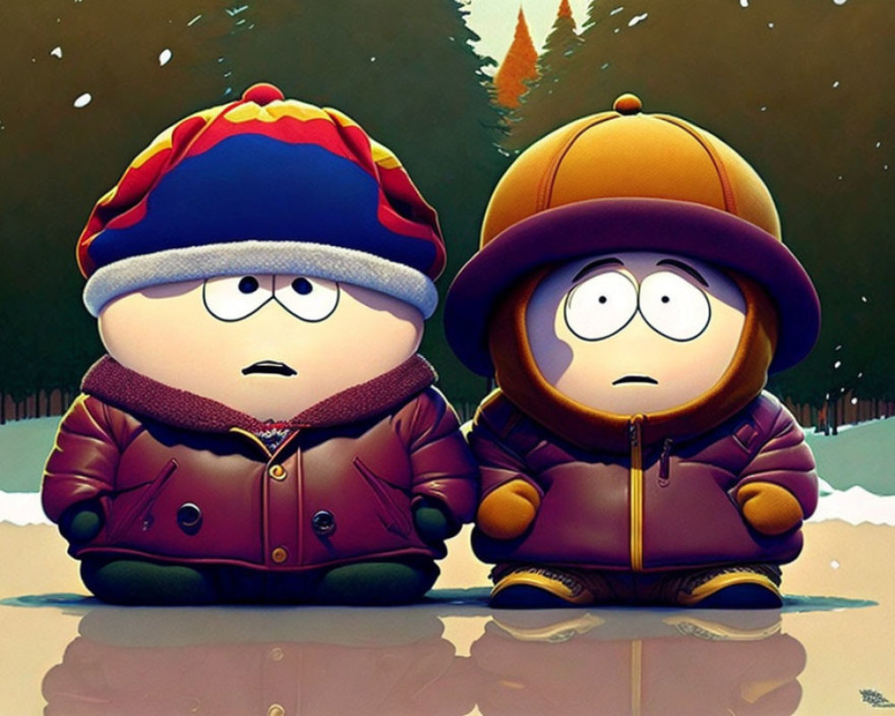 Animated characters in winter clothes standing in snowy landscape
