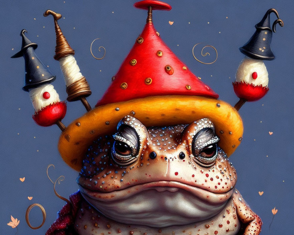 Whimsical illustration of wide-eyed frog in red jester's hat