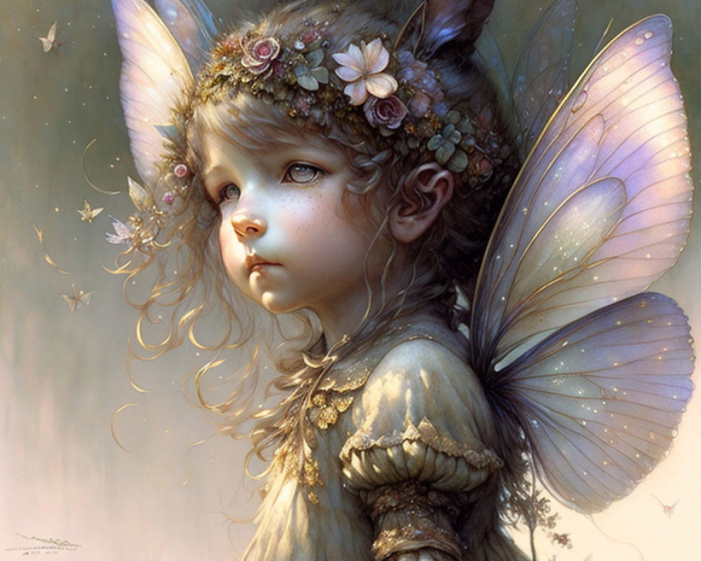 Illustration of fairy child with butterfly wings and floral wreath gazing thoughtfully