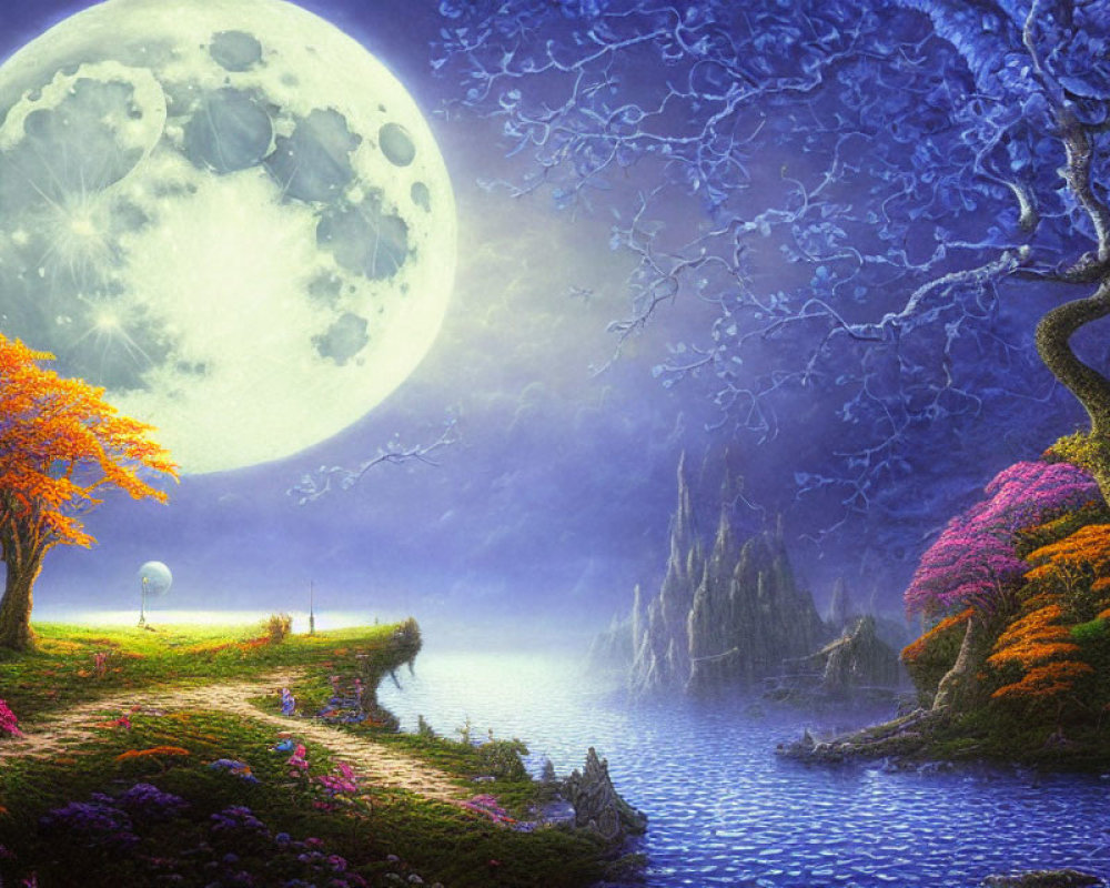 Vividly colored trees, large moon, tranquil lake, glowing orb in fantasy landscape