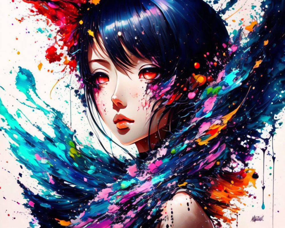 Anime-style digital artwork of girl with dark hair and red eyes in abstract, colorful design