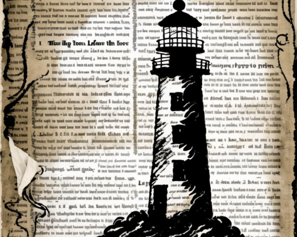 Lighthouse illustration with beam of light on parchment background