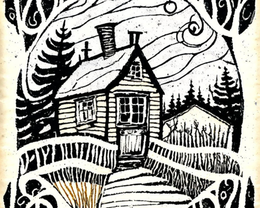 Monochrome linocut of cozy cabin with swirling sky and decorative patterns