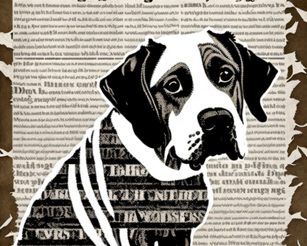 Monochrome dog graphic on newspaper clippings background