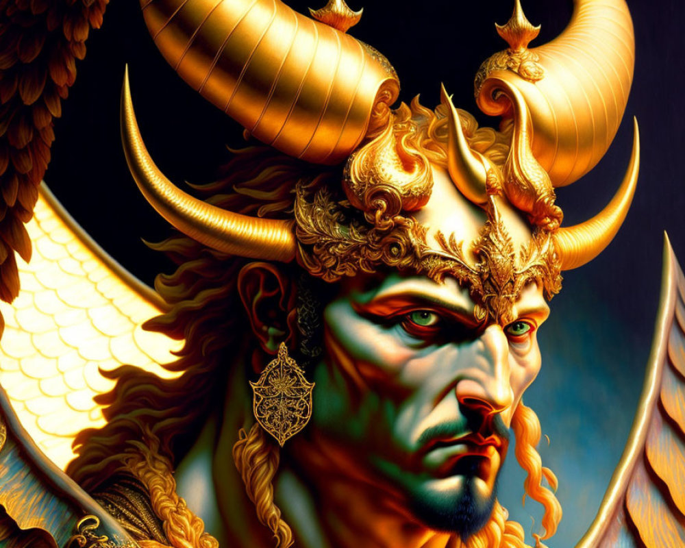 Fantasy character with horns, crown, armor, winged helmet, green skin
