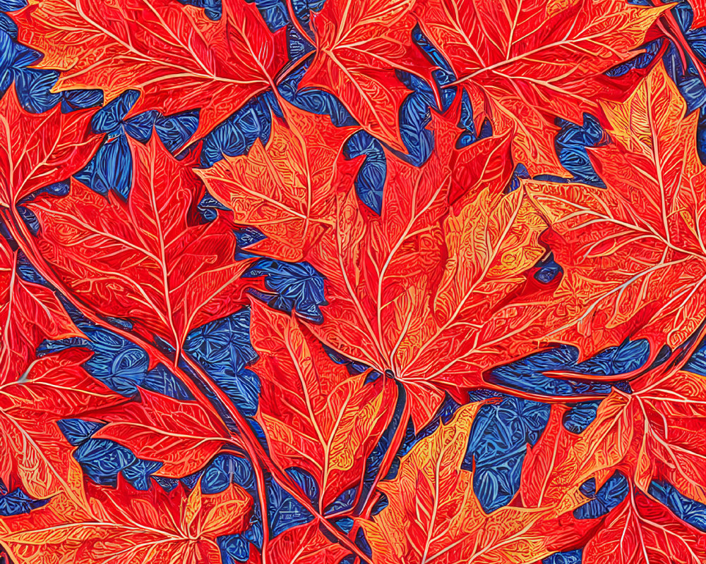 Red and Blue Leaf Pattern with Detailed Veins for Autumn Design